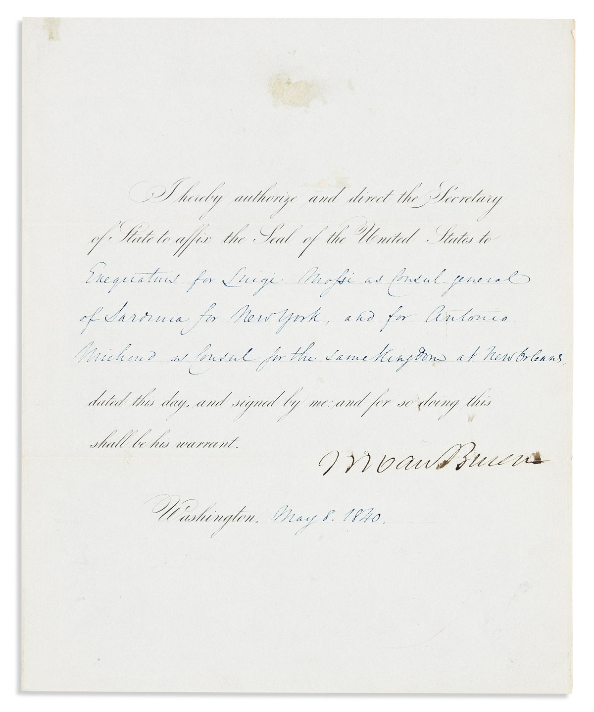 VAN BUREN, MARTIN. Partly-printed Document Signed, MvanBuren, as President,